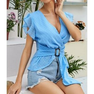 Blue Ruffle Belted Swiss Dot Top